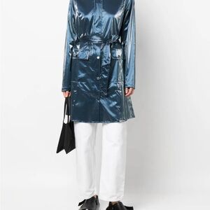 Rains “curve” hooded blue metallic raincoat